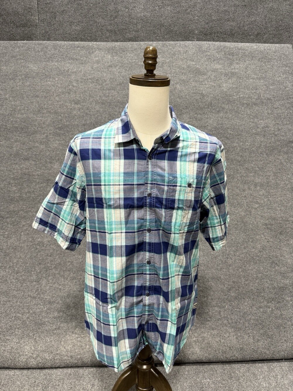 Sean John Men’s 2XL Blue Green Plaid Short Sleeve Button Front Shirt Cotton